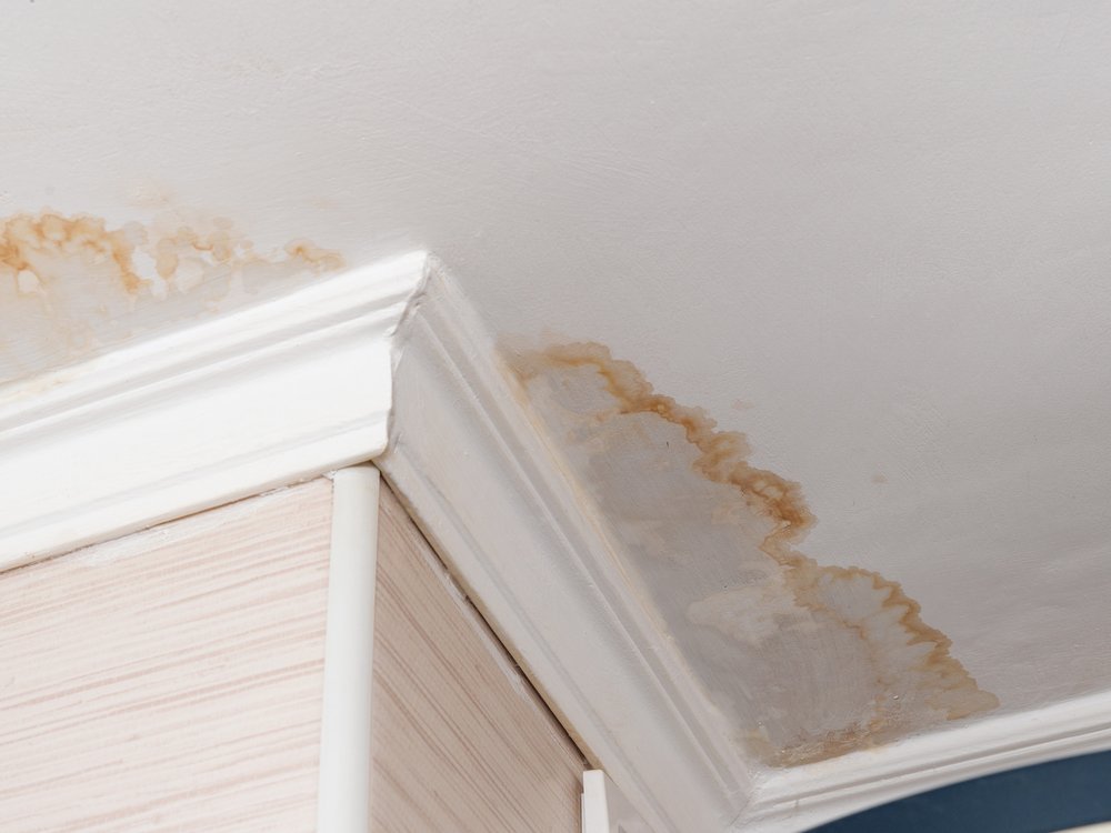 Water stain on an interior ceiling from a roof leak in a Vermont home